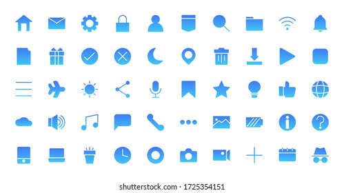 Essential web or app 50 gradient icons set design. Contains home, timen, folder, setting, download, message, phone, sound and more. Vector illustration Eps 10