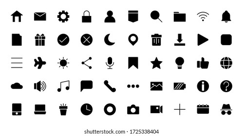 Essential web or app 50 solid icons set design. Contains home, folder, settings, time, download, message, phone, sound and more. Vector illustration Eps 10