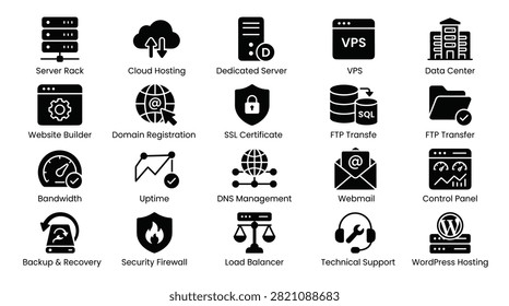 Essential web hosting icons for data centers and server management cloud hosting services virtual private servers domain registration ssl security encryption ftp transfer bandwidth monitoring network uptime dns management webmail control panel backup disaster recovery.