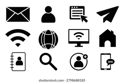 Essential web icons including mail envelope globe wifi signal house home profile search glass paper plane and mobile phone with text message bubble.