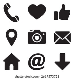 Essential Web Icons Set – Phone, Heart, Like, Location, Camera, Email, Home, At Symbol, Download