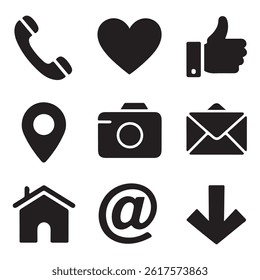 Essential Web Icons Set – Phone, Heart, Like, Location, Camera, Email, Home, At Symbol, Download