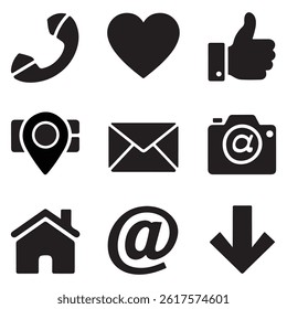 Essential Web Icons Set – Phone, Heart, Like, Location, Camera, Email, Home, At Symbol, Download