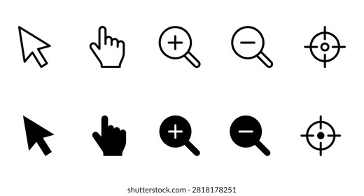Essential web interface icons featuring classic arrow mouse pointer pointing hand finger zoom magnification glass with plus and minus signs and center target crosshair. Clean linear and solid black shapes for user experience design digital navigation and software tools.