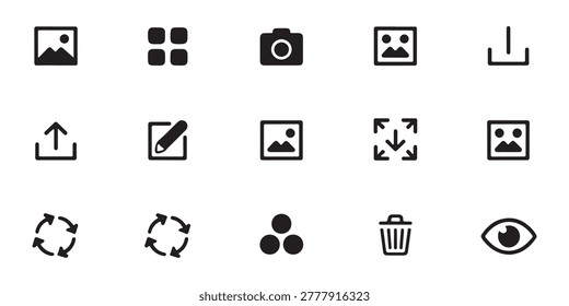 Essential web interface signs for photo capture gallery browsing delete action and user profile settings.