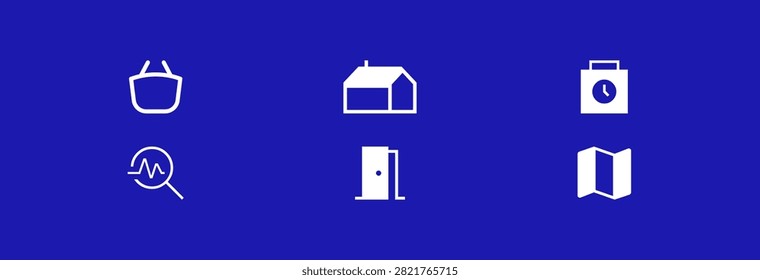 Essential web and mobile interface icon collection. Graphic assets for navigation and utility. Linear vector symbols representing retail therapy residential property time management healthcare diagnostics accessibility and travel planning. Clean modern flat design for professional digital projects.