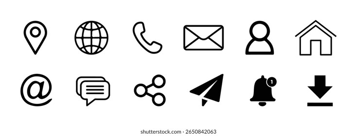 Conjunto de ícones essenciais da Web e da interface móvel. Telefone, Local, Web, Email, em, Mensagem, Compartilhamento, Plano em papel, Notificação, conjunto de ícones de download. Vetor eps 10