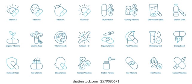 Essential Wellness and Immunity Vector Icon Set – Vitamin A, B, C, D, Organic and Custom Formulas, Juice and Foods, Calcium plus D, Immunity Pack, Hair and Skin Vitamins, Prenatal and Senior Care 