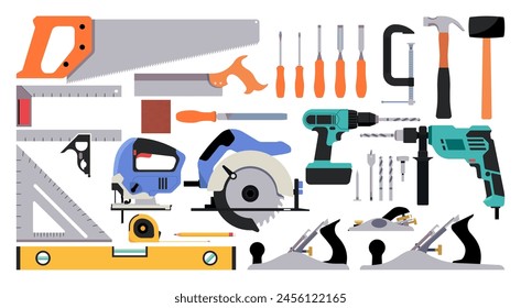 Essenzielle Holzbearbeitungswerkzeuge für Professionelle Schreiner, Bereitstellung hochwertiger Reparaturausrüstung und Wartungsservice, Flache Vektorillustration Design