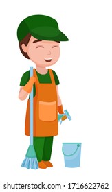 Essential workers cleaning man with groceries. Frontliner works vector illustration for kids.