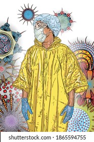 Essential Workers Concept. Nurse or doctor standing as angel in the medical mask, safety coat Personal Protective Equipment PPE. Background of mutated coronaviruse and flu viruses in the air. Vector.