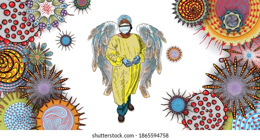 Essential Workers Concept. Nurse or doctor standing as angel in the medical mask, safety coat Personal Protective Equipment PPE. Background of mutated coronaviruse and flu viruses in the air. Vector.