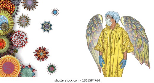 Essential Workers Concept. Nurse or doctor standing as angel in the medical mask, safety coat Personal Protective Equipment PPE. Background of mutated coronaviruse and flu viruses in the air. Vector.