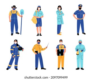 Essential workers. Frontier professions people, main areas specialists, different jobs men and women in medical masks, policeman and doctor, vector cartoon flat isolated set