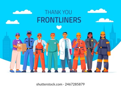 Essential workers. Frontline professional worker teamwork, hero work occupation people group in service job uniform police healthcare delivery plumber, vector illustration of occupation professional