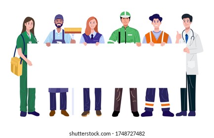 Essential workers holding blank banner. Vector Illustration