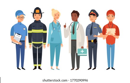Essential workers. Isolated frontliners group, people working on virus pandemic. Doctor policeman fireman postman delivery boy vector set