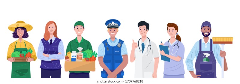 Essential workers, Various occupations people. Vector