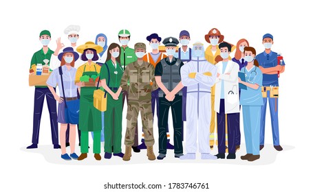 Essential workers, Various occupations people wearing face masks. Vector