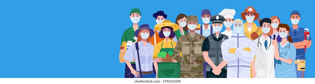 Essential workers, Various occupations people wearing face masks. Vector