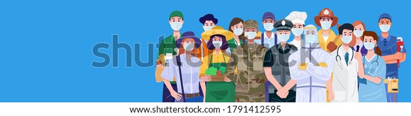 Essential workers, Various occupations people\
wearing face masks.\
Vector