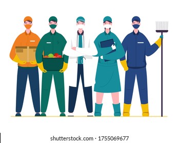 Essential workers who work during coronavirus (covid-19) outbreak such as doctor, nurse, sweeper, delivery boy on white background.