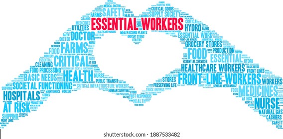 Essential Workers word cloud on a white background. 