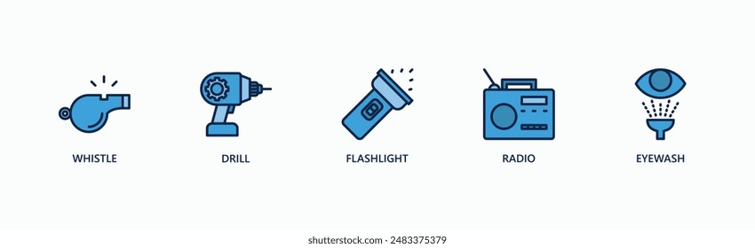 Essentials Banner Web Icon Vector Illustration Concept With Whistle, Drill, Flashlight, Radio, Eyewash