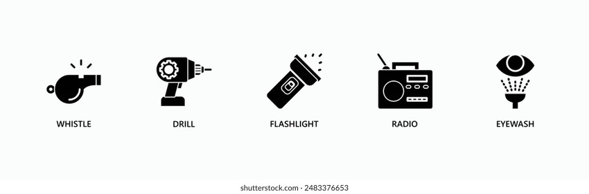 Essentials Banner Web Icon Vector Illustration Concept With Whistle, Drill, Flashlight, Radio, Eyewash