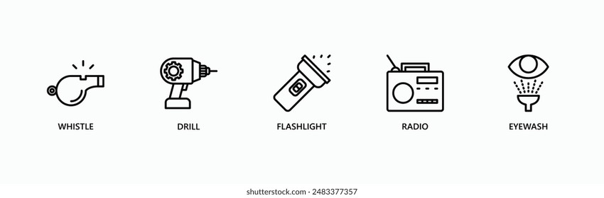 Essentials Banner Web Icon Vector Illustration Concept With Whistle, Drill, Flashlight, Radio, Eyewash