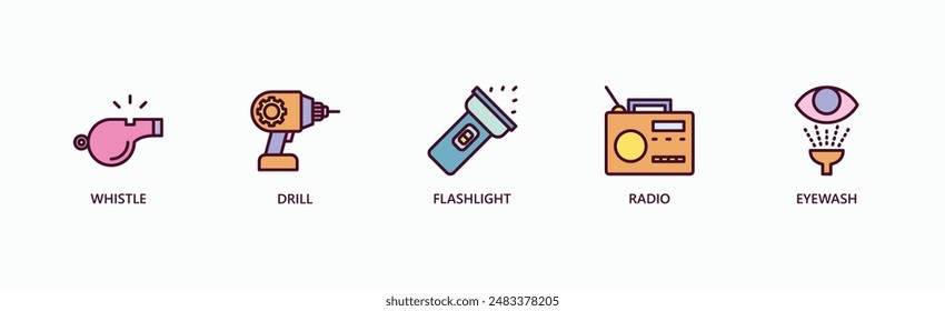 Essentials Banner Web Icon Vector Illustration Concept With Whistle, Drill, Flashlight, Radio, Eyewash