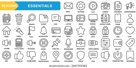 Conjunto de ícones de coleção do Essentials. Email, Configuração, Reproduzir, Câmera, Documento, Anúncio, Calendário. Vetor de Linha Simples.
