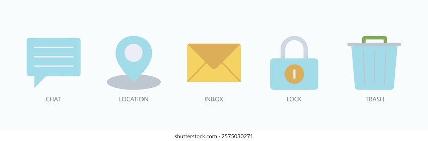 Essentials Of Digital Interaction Icon Set Isolated Vector With Icon Of Chat, Location, Inbox, Lock, Trash In Flat Style