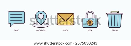 Essentials Of Digital Interaction Icon Set Isolated Vector With Icon Of Chat, Location, Inbox, Lock, Trash In Outline Color Style