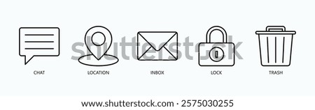 Essentials Of Digital Interaction Icon Set Isolated Vector With Icon Of Chat, Location, Inbox, Lock, Trash In Outline Style