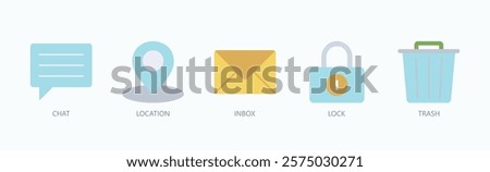 Essentials Of Digital Interaction Icon Set Isolated Vector With Icon Of Chat, Location, Inbox, Lock, Trash In Flat Style