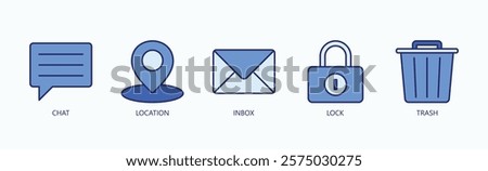 Essentials Of Digital Interaction Icon Set Isolated Vector With Icon Of Chat, Location, Inbox, Lock, Trash In Blue Style