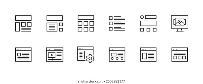 Symbolsammlung für Grundlagen. Benutzeroberflächensymbole, Layout, Seitenleiste, Checkliste, Browser, Drahtmodell, Galerie, Anzeige und mehr. Bearbeitbarer Strich. Pixel perfekt.