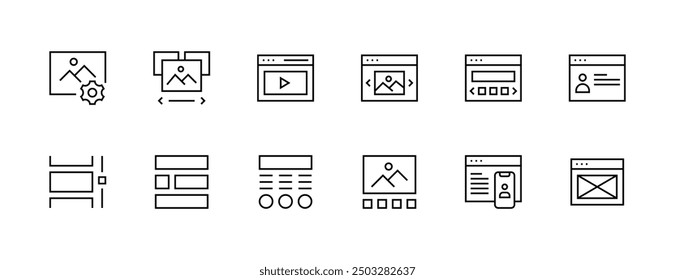 Symbolsammlung für Grundlagen. Benutzeroberflächensymbole, Layout, Seitenleiste, Checkliste, Browser, Drahtmodell, Galerie, Anzeige und mehr. Bearbeitbarer Strich. Pixel perfekt.