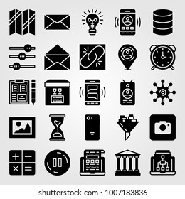 Essentials icon set vector. bank, broken link, laptop and smartphone