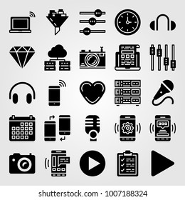 Essentials icon set vector. calendar, wall clock, server and diamond
