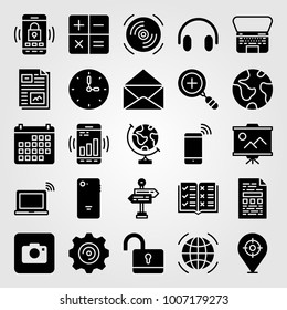Essentials icon set vector. file, worldwide, placeholder and open book