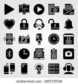 Essentials icon set vector. heart, package, button and smartphone