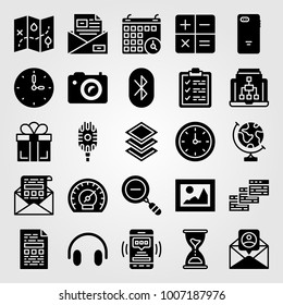 Essentials icon set vector. microphone, layers, letter and calendar