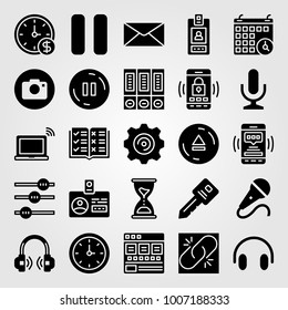 Essentials icon set vector. microphone, laptop, wall clock and broken link