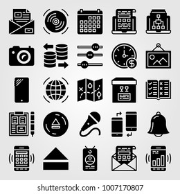 Essentials icon set vector. package, settings, database and mic