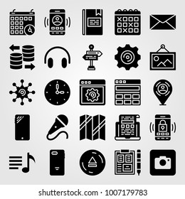 Essentials icon set vector. panels, mail, wall clock and book