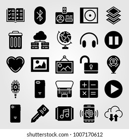 Essentials icon set vector. pause, transfer, server and key