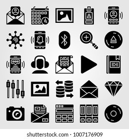 Essentials icon set vector. photo camera, id card, letter and button