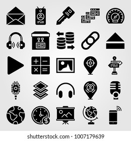 Essentials icon set vector. picture, play button, earth globe and database